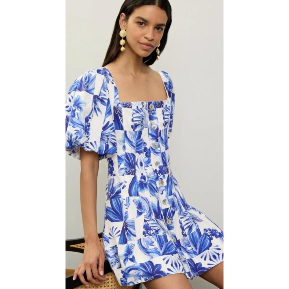 Caroline Constas Garden Tiles Linen Mini Dress Womens Size 6 Blue Floral Coastal